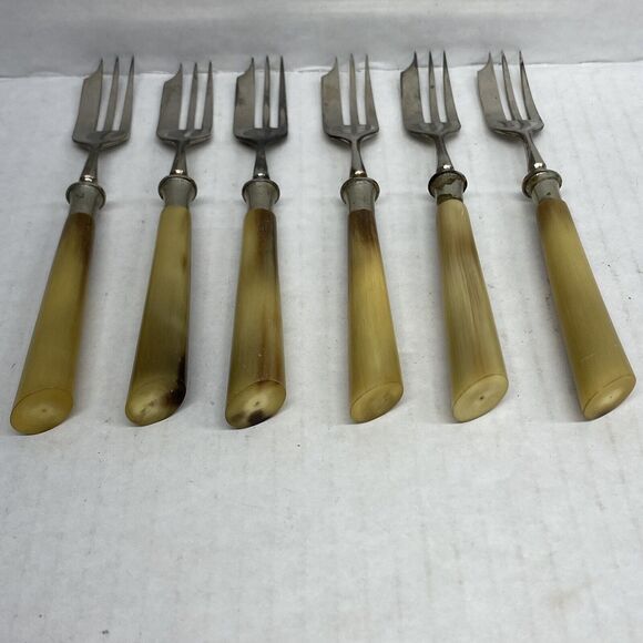 Lot Of 6 Pastry Forks Horn? Handle Flatware Dining Kitchen - Condition Issues - Picture 11 of 14